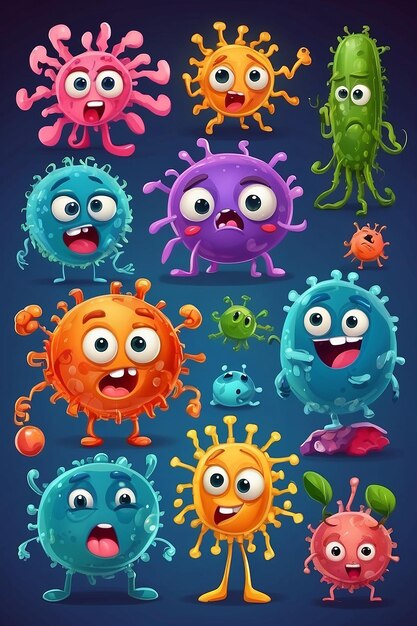 Microbes and viruses germ characters with funny faces mascots of bacteria and disease viruses