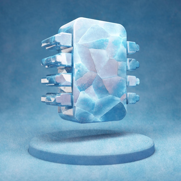 Значок микрочипа. Треснувший синий символ микрочипа льда на подиуме синего снега. Значок социальных средств массовой информации для веб-сайта, презентации, элемента шаблона дизайна. 3D визуализация.