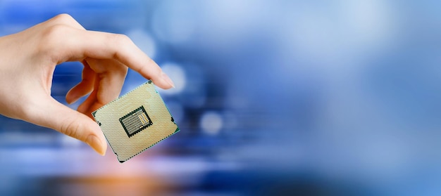 Microchip of a new generation processor in a woman's hand