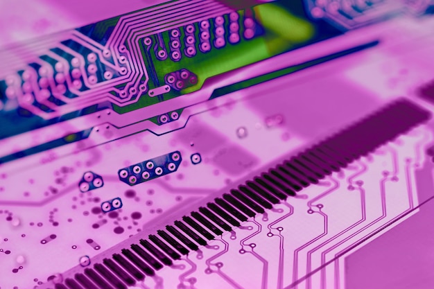 Foto fondo di concetto di tecnologia del microchip con gli elementi elettronici del circuito. modello astratto per la tecnologia informatica, illustrazione informatica integrata della scheda madre.