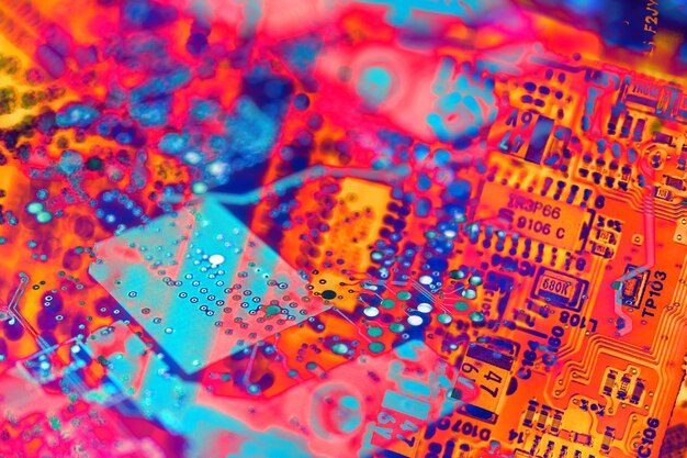 Microchip technology concept background with circuit board electronic elements. Abstract pattern for computer technology, motherboard integrated computing illustration.