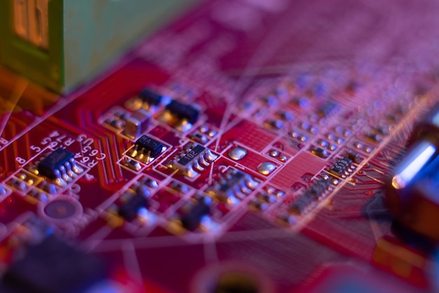 Microchips computer boards closeup low depth of field