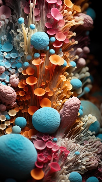 Microcosm view with colorful fungi and microorganisms ai