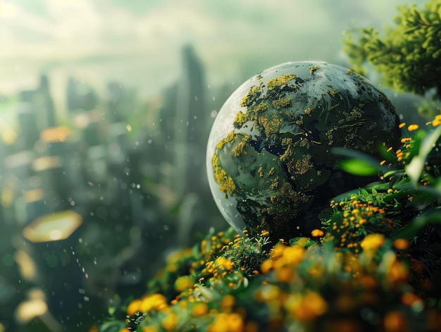 Microcosm Vitality A captivating representation of Earth as a small globe nestled among lush greenery and vibrant flowers symbolizing the delicate interplay between nature and our planet