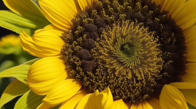 Microcosmic beauty macro closeup of sunflower and moss lush yellow splendor