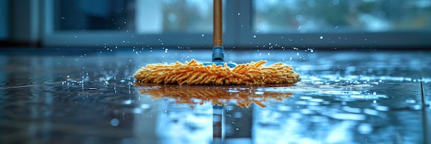 Microfiber mop wiping puddle of water on laminate background for banner hd