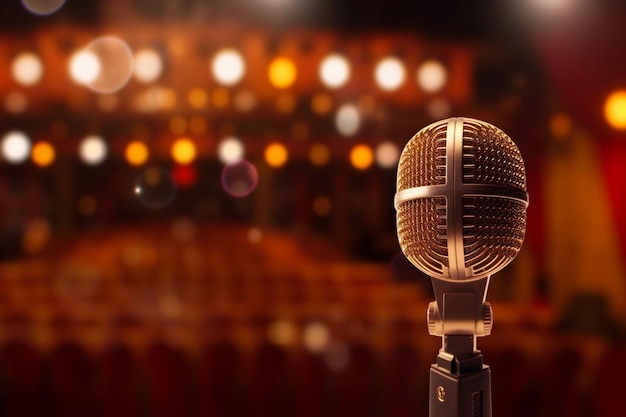 Microfoon in concertzaal of conferentieruimte met bokeh achtergrond