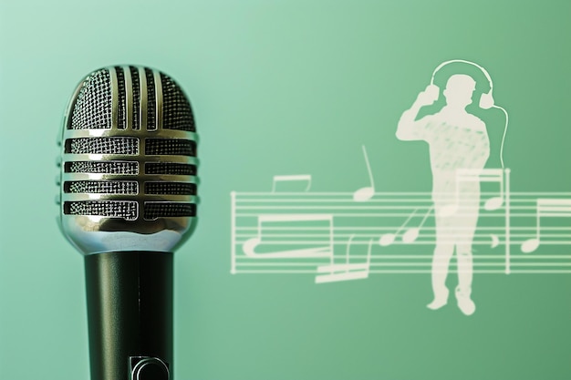 Microfoon met muzieknoten en silhouet van een man op een groene achtergrond Banner met kopieerruimte