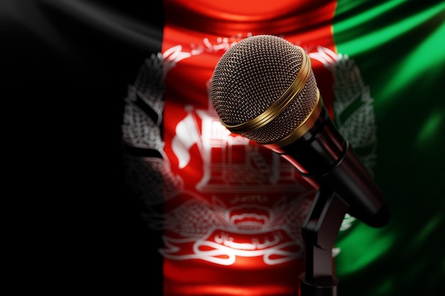 Microfoon op de achtergrond van de nationale vlag van Afghanistan realistische 3d illustratie muziek award karaoke radio en opnamestudio geluidsapparatuur