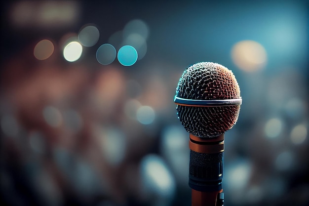 Microfoon op het podium in concertzaal of conferentieruimte met genodigde backgroundgenerative ai