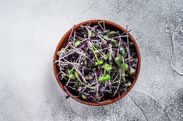 Microgreen radish cress sprouts in a wooden bowl