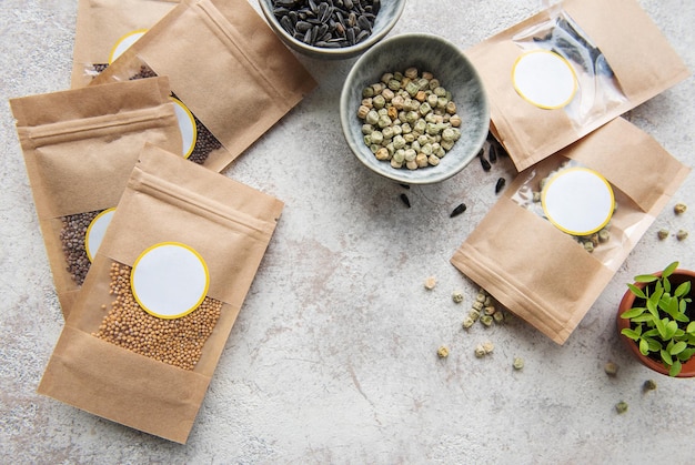 Microgreen seeds in paper bags and equipment for sowing microgreens