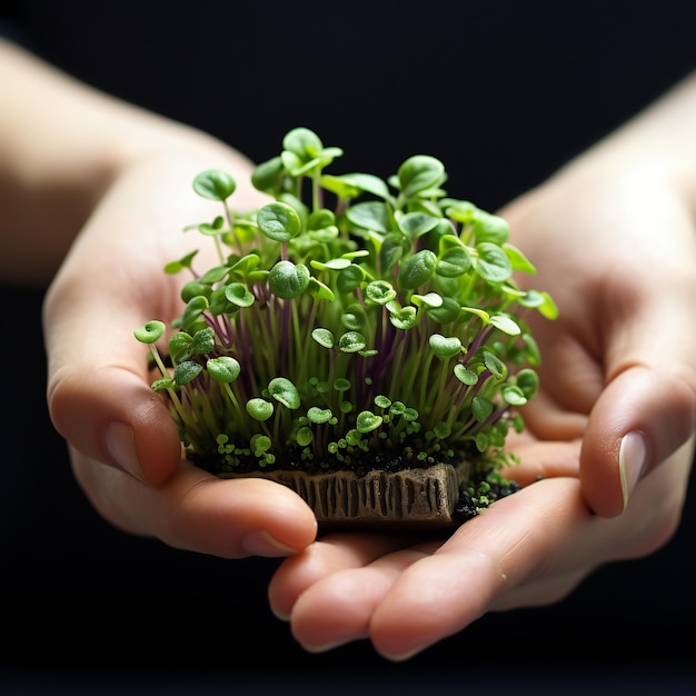 Foto microgreens closeup in in mano semi germogliati superfood biologico alimenti sani e freschi