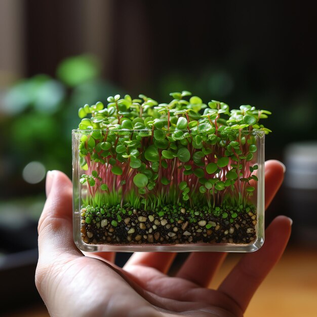 Microgreens closeup in in hand gekiemde zaden biologisch superfood gezond en vers voedsel