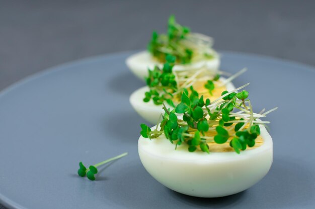 Microgreens on eggs Decorate the salad with microgreen leaves Diet food Boiled and fresh eggs next to fresh crispy herbs Contemporary style salad