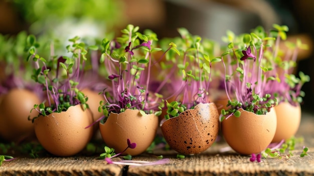 Microgreens in eggshells spring and Easter concept Copy space