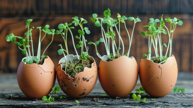 Microgreens in eggshells spring and Easter concept Copy space