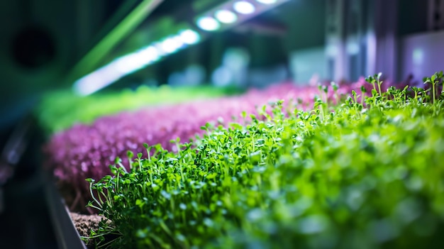 Microgreens Garden under purple LED lights in an indoor farm