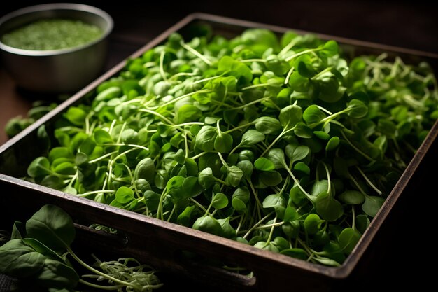 Microgreens groeiende achtergrond met microgreen spruiten op de houten tafel