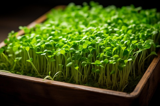 Microgreens growing background with microgreen sprouts on the wooden table
