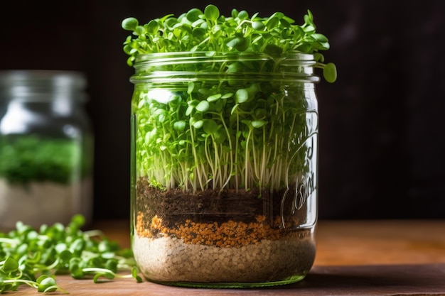 Foto microgreens che crescono in un vaso di vetro riciclato creato con l'intelligenza artificiale generativa