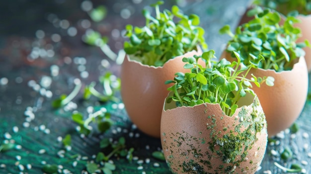 Microgreens in eierschalen voorjaar en Pasen concept Kopieer ruimte