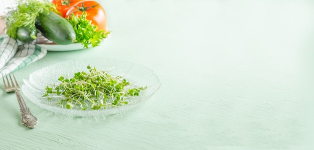 Microgreens op plaat met kopie ruimte, gezond veganistisch raw food dieet concept