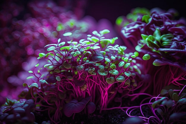 Microgreens plant under phyto led light macro Generative AI