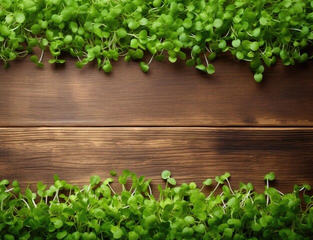 Microgreens on wooden table top view copy space