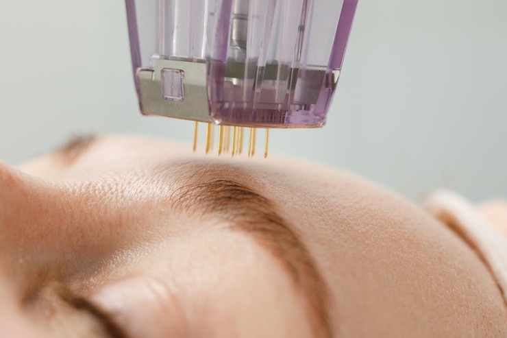 Microneedle-mesotherapie Vrouw die een verjongingsbehandeling met microneedling krijgt in een cosmetologiekliniek