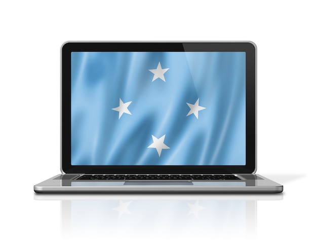 Micronesia flag on laptop screen isolated on white. 3D illustration render.