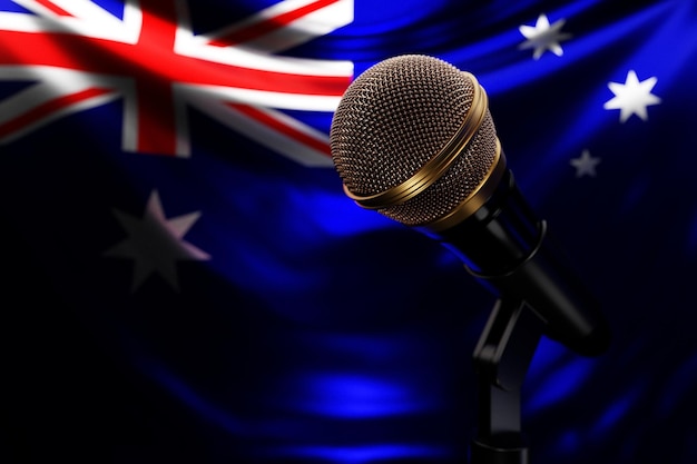 Photo microphone on the background of the national flag of australia realistic 3d illustration music award karaoke radio and recording studio sound equipment