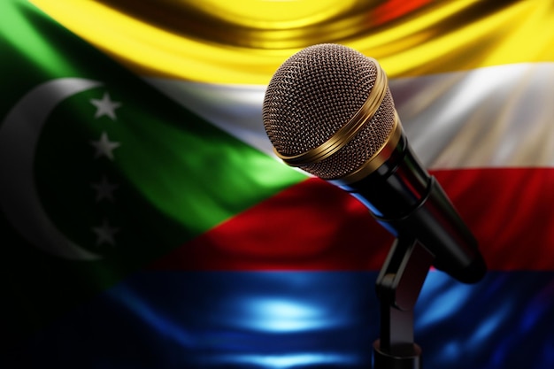 Микрофон на фоне Государственного флага Коморских островов реалистичная 3d иллюстрация музыкальная премия караоке-радио и звуковое оборудование студии звукозаписи