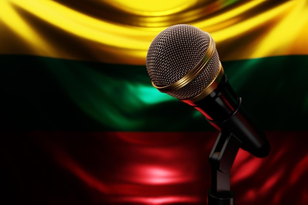 Microphone on the background of the National Flag of Lithuania realistic 3d illustration music award karaoke radio and recording studio sound equipment