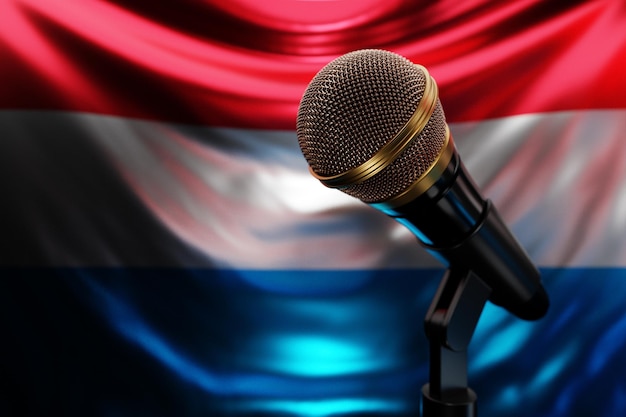 Microphone on the background of the National Flag of Luxembourg realistic 3d illustration music award karaoke radio and recording studio sound equipment