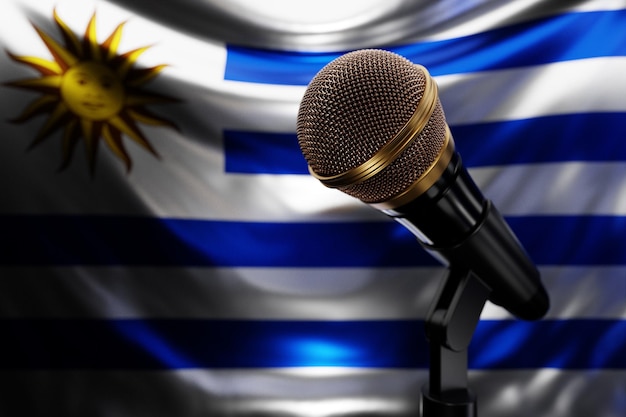 ウルグアイの国旗を背景にしたマイクリアルな3Dイラスト音楽賞カラオケラジオとレコーディングスタジオの音響機器