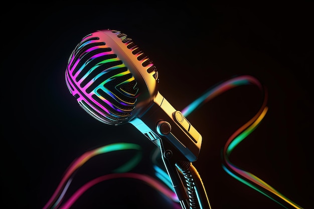 Photo microphone on black background neon light mic design for singer entrepreneur podcast voice artist