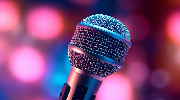 Microphone on a blue background soft focus stage and retro microphone