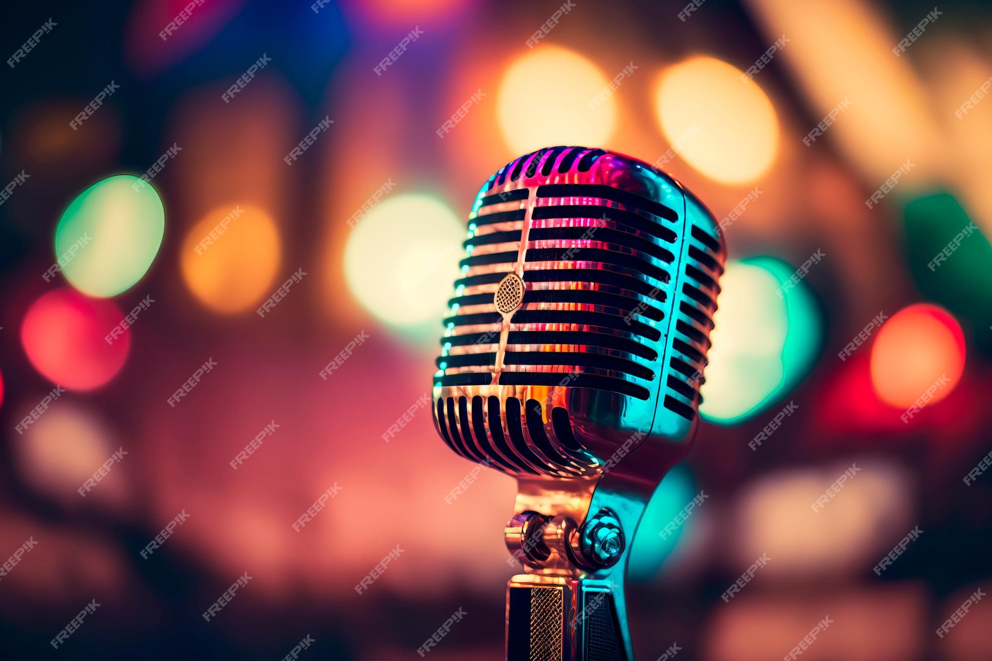Premium Photo | Microphone on blurred background karaoke and concert  generative ai