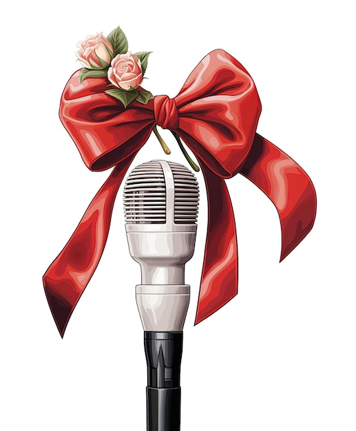 a microphone cable wrapped with a red bow in the style of journalistic cartoons