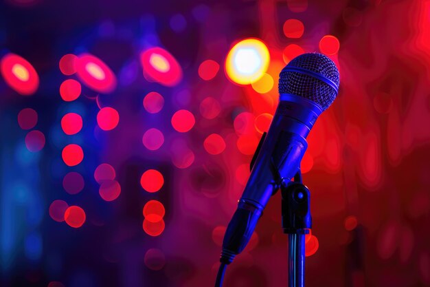 microphone closeup against the backdrop of bright lights creating the atmosphere of a music show