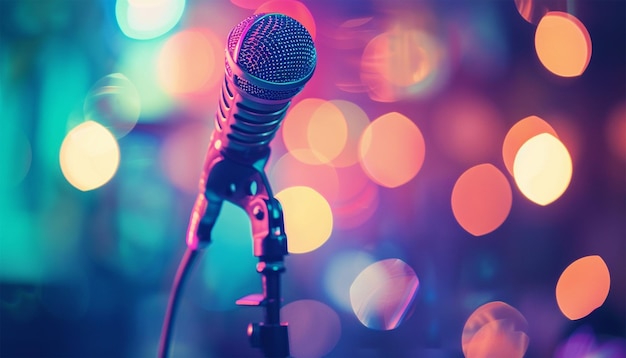 Microphone on colorful Bokeh neonpastel background Performance Microphone for speech singing