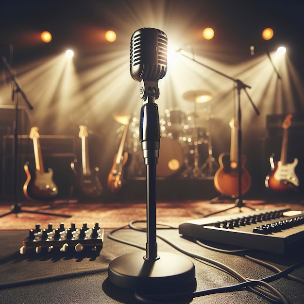 Microphone on concert stage background