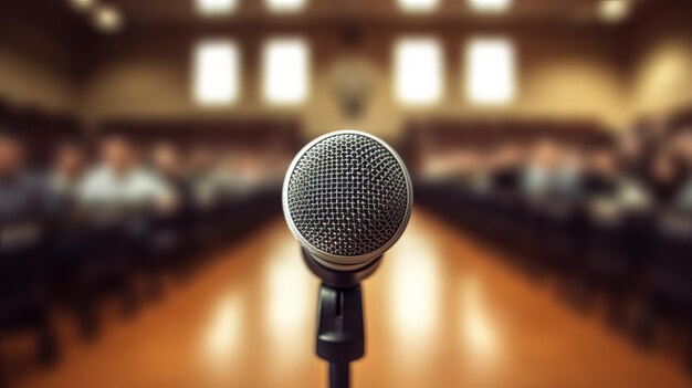 Microphone in ConferenceSeminar Room with Blurred Background