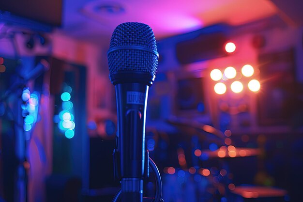 Photo a microphone in a dark room with bright lights