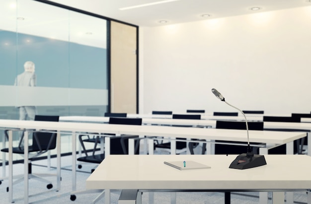 Microphone in empty meeting or conference room, Bussiness concept, 3D rendering