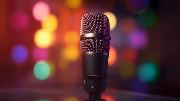 Microphone focused against blurred colorful background business background for public speaking