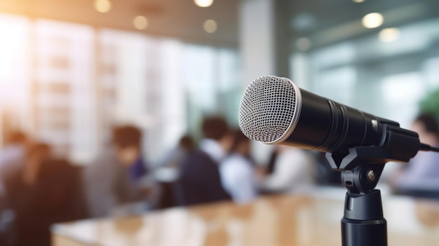 A microphone in front of a blurred background