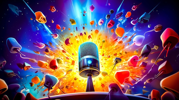 Microphone in front of colorful explosion of balloons and confetti generative ai