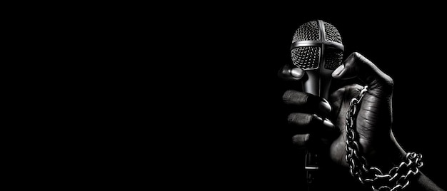 A microphone in a hand with a black background